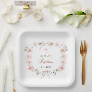 Blush Pink Floral Frame Baptism Paper Plates