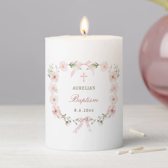 Blush Pink Floral Frame Baptism Pillar Candle (In Situ)