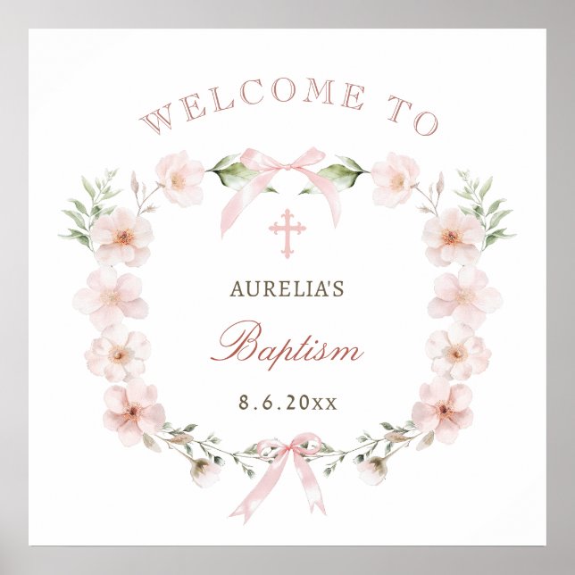 Blush Pink Floral Frame Baptism Welcome Poster (Front)