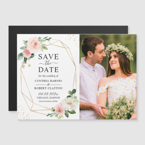 Blush Pink Floral Frame Photo Save the Date Magnet