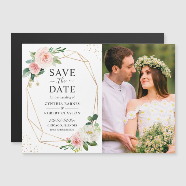 Blush Pink Floral Frame Photo Save the Date Magnet (Front/Back)