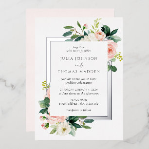 Blush Pink Floral Frame Wedding Foil Invitation