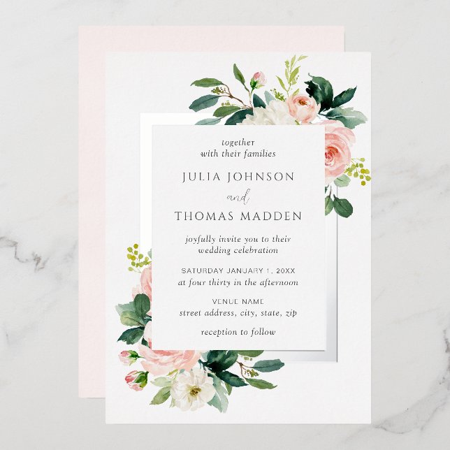 Blush Pink Floral Frame Wedding  Foil Invitation (Front/Back)