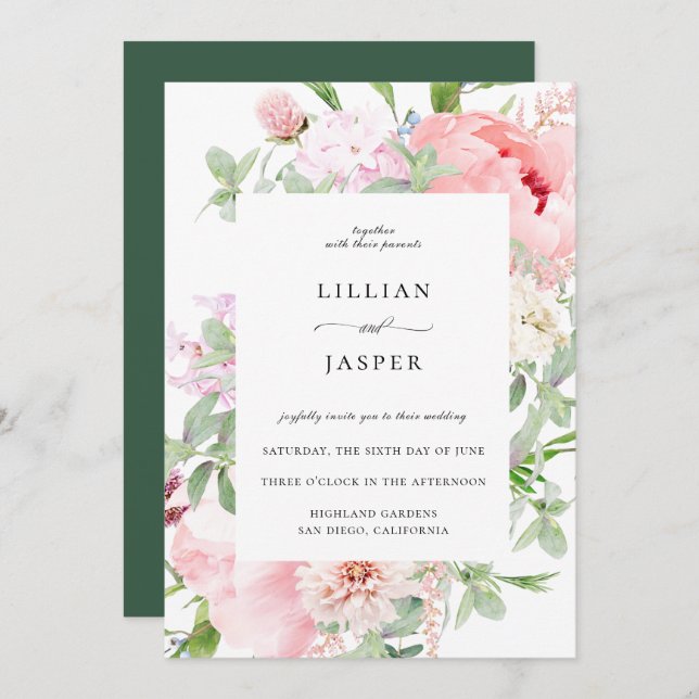 Blush Pink Floral Frame Wedding Invitation (Front/Back)