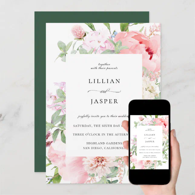 Blush Pink Floral Frame Wedding Invitation | Zazzle