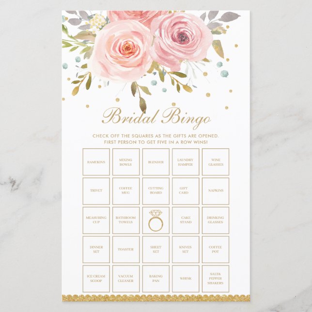 Blush Pink Floral Fun Bridal Shower Bingo Game (Front)