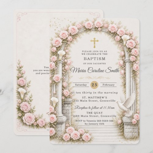 Blush Pink Floral Garden Arch Gold Cross Baptism Invitation