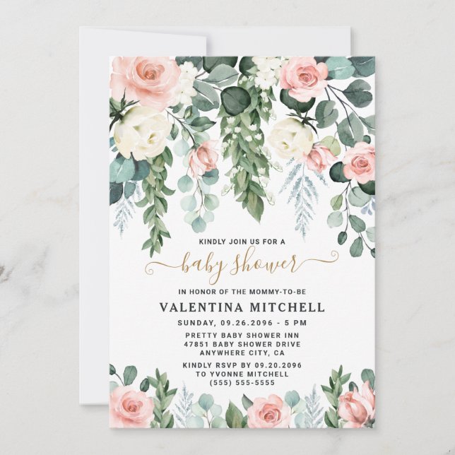 Blush Pink Floral Garden Watercolor Baby Shower Invitation (Front)