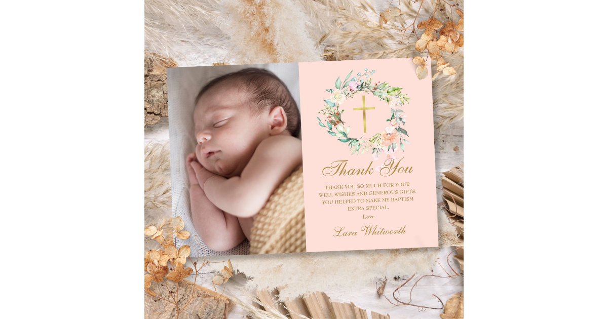 Blush Pink Floral Garland Baptism Photo Thank You Card | Zazzle