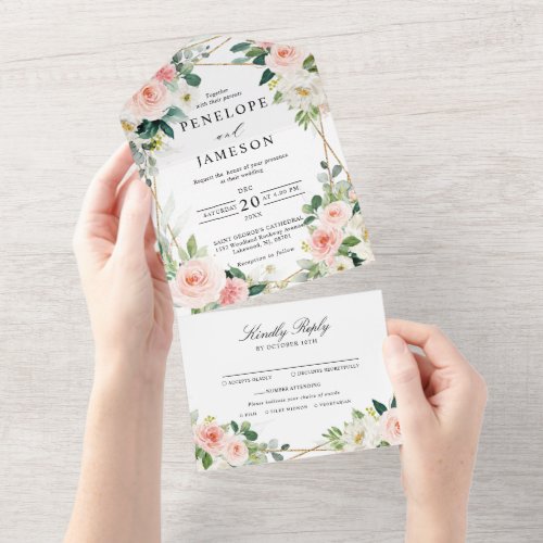 Blush Pink Floral Geometric Botanical Wedding All In One Invitation