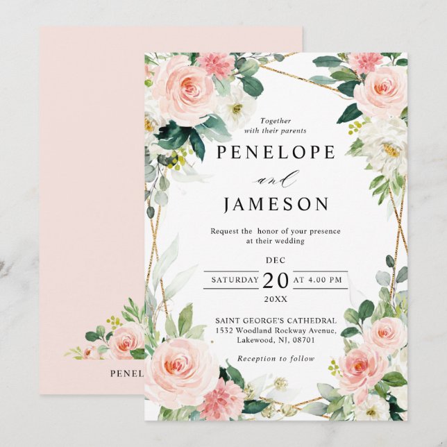 Blush Pink Floral Geometric Botanical Wedding Invitation (Front/Back)