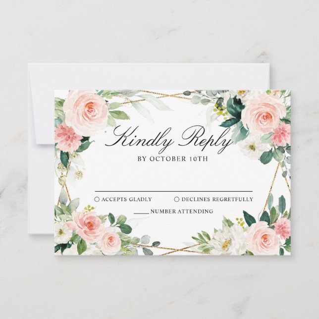 Blush Pink Floral Geometric Botanical Wedding RSVP Card (Front)