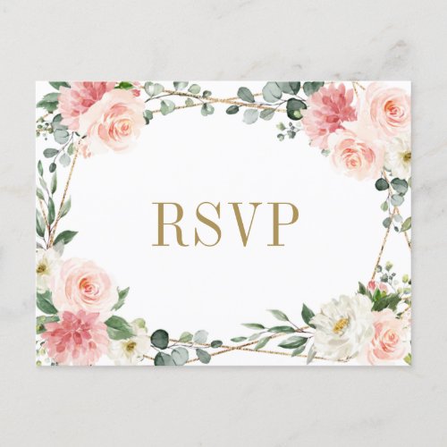 Blush Pink Floral Geometric Botanical Wedding RSVP Postcard