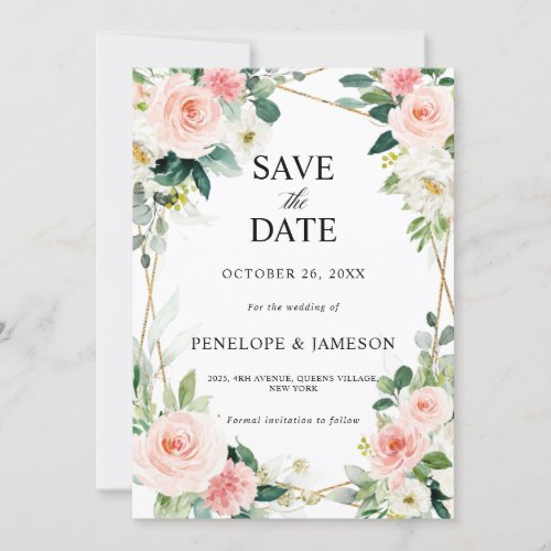 Blush Pink Floral Geometric Botanical Wedding Save The Date