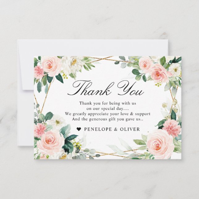 Blush Pink Floral Geometric Botanical Wedding Thank You Card (Front)