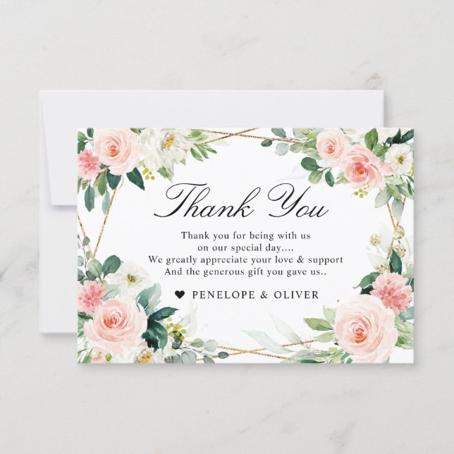 Blush Pink Floral Geometric Botanical Wedding Thank You Card (Front)