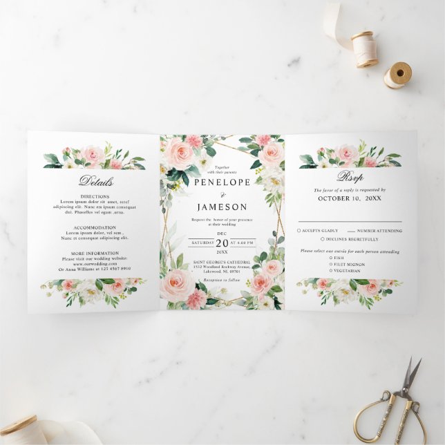 Blush Pink Floral Geometric Botanical Wedding Tri-Fold Program (Inside)