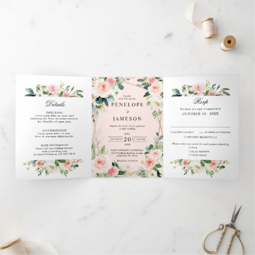 Blush Pink Floral Geometric Botanical Wedding Tri_ Tri_Fold Program