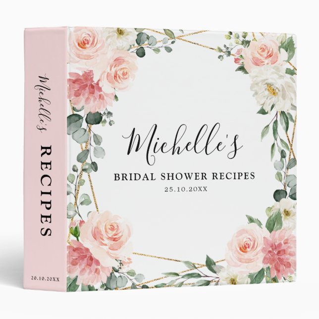 Blush Pink Floral Geometric Bridal Shower Recipe 3 Ring Binder (Front/Spine)
