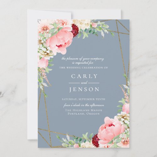 Blush Pink Floral Geometric Dusty Blue Wedding Invitation