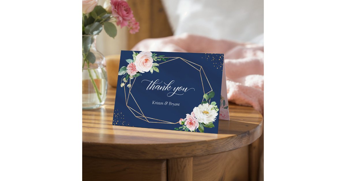Blush Pink Floral Geometric Frame Navy Blue Thank You Card | Zazzle