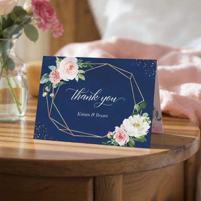 Blush Pink Floral Geometric Frame Navy Blue Thank You Card | Zazzle