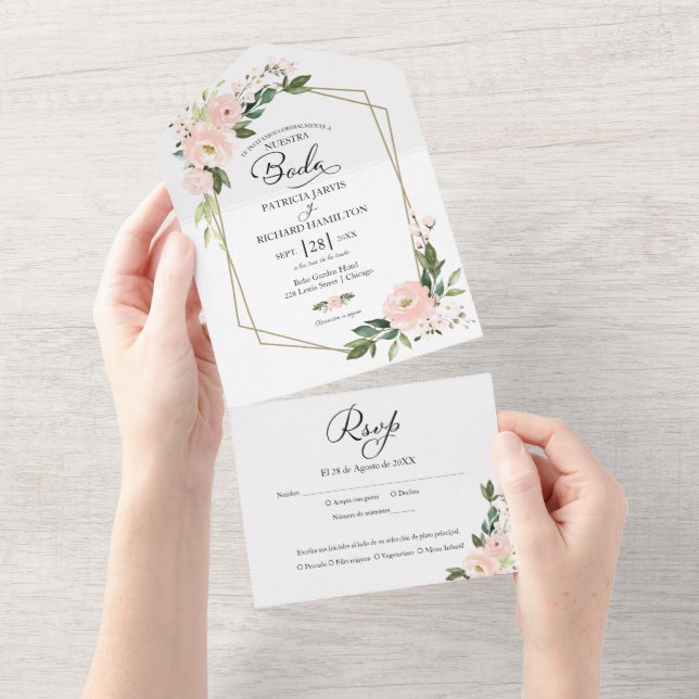 Blush Pink Floral Geometric Spanish Wedding All In One Invitation (Tearaway)