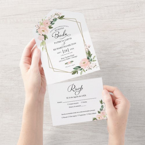 Blush Pink Floral Geometric Spanish Wedding All In One Invitation