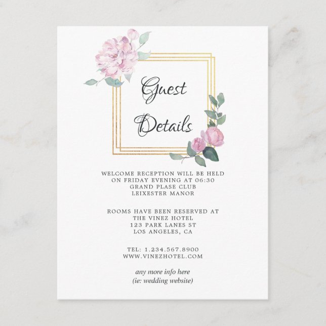 Blush Pink Floral Geometric Wedding Guest Details Enclosure Card (Front)