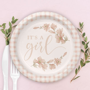 Blush Pink Floral Gingham Baby Girl Baby Shower Paper Plates