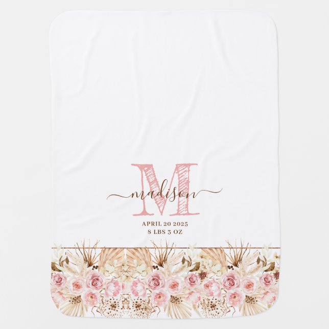 Blush Pink Floral Girl Baby Blanket (Front)