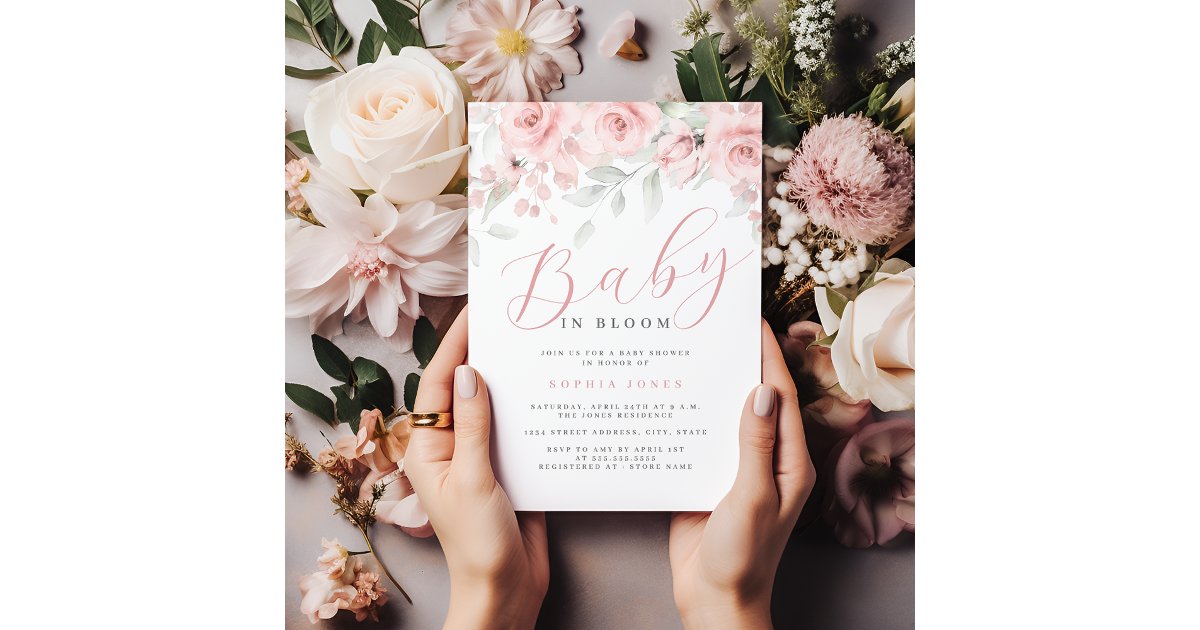 Blush Pink Floral Girl Baby in Bloom Baby Shower Invitation | Zazzle