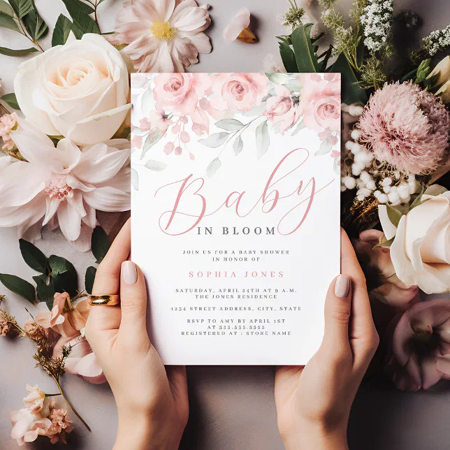 Blush Pink Floral Girl Baby in Bloom Baby Shower Invitation | Zazzle