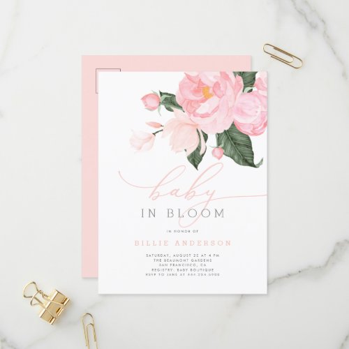 Blush Pink Floral Girl Baby in Bloom Shower Invitation Postcard