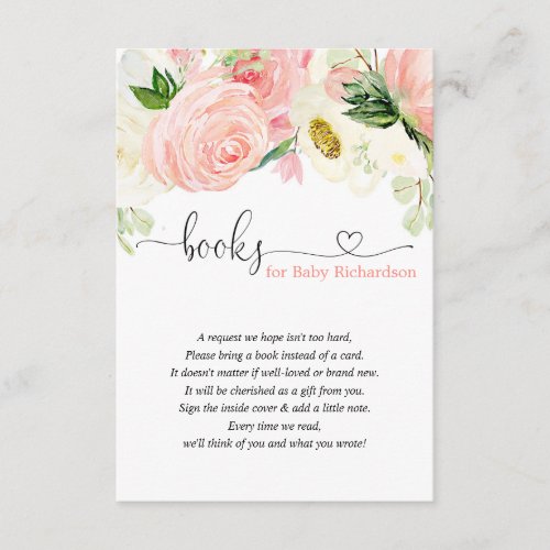 Blush pink floral girl baby shower book request en enclosure card