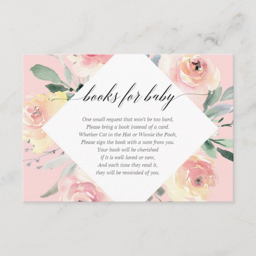 Blush pink floral girl baby shower books for baby enclosure card