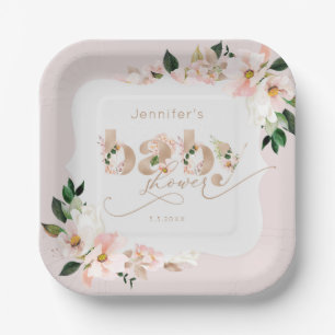 Blush pink floral girl baby shower bracket shape paper plates