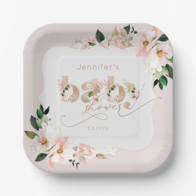 Blush pink floral girl baby shower bracket shape paper plates (Front)