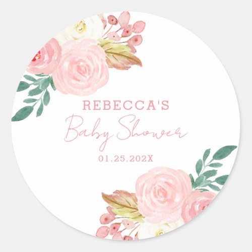 Blush Pink Floral Girl Baby Shower Favor Classic Round Sticker