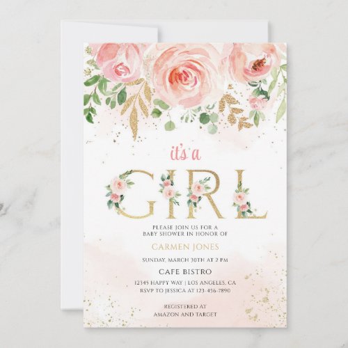 Blush Pink Floral Girl Baby Shower Invitation
