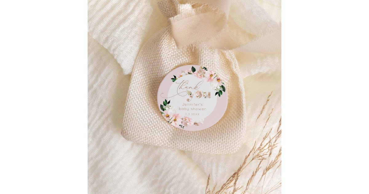 Blush pink floral girl baby shower thank you classic round sticker | Zazzle