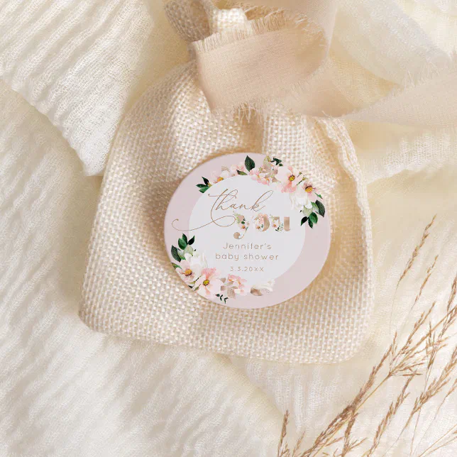 Blush pink floral girl baby shower thank you classic round sticker | Zazzle