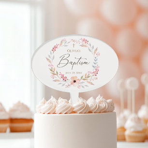 Blush Pink Floral Girl Baptism Cake Topper