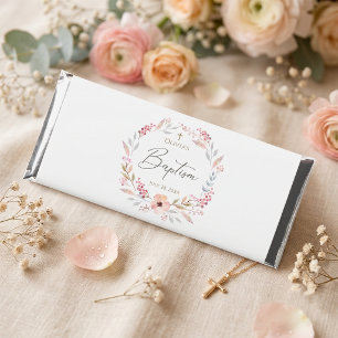 Blush Pink Floral Girl Baptism Chocolate Hershey Bar Favors