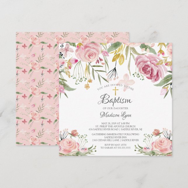 Blush Pink Floral Girl Baptism Invitation (Front/Back)