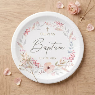 Blush Pink Floral Girl Baptism Round Paper Plates
