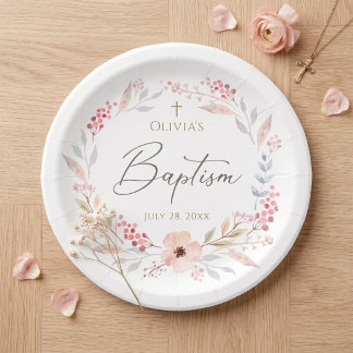 Blush Pink Floral Girl Baptism Round Paper Plates