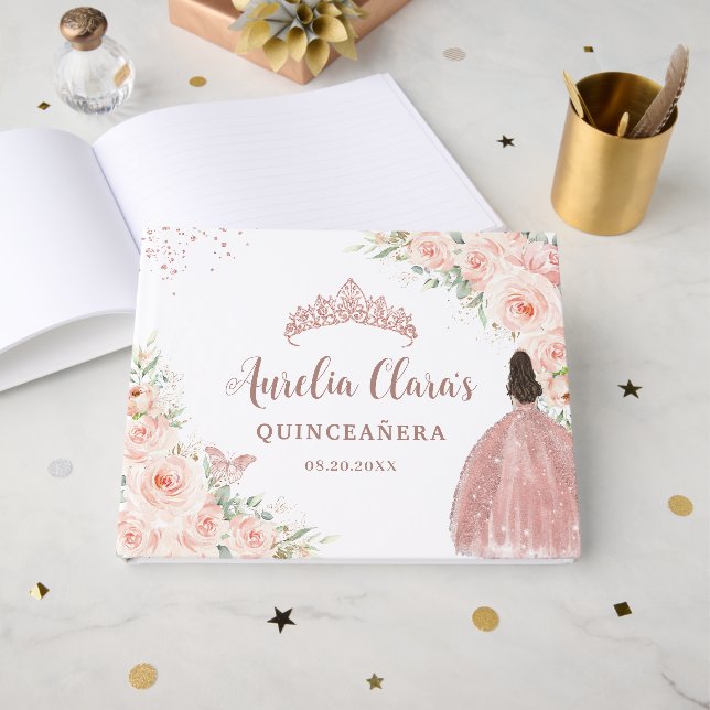 Blush Pink Floral Girl Dress Rose Gold Quinceanera Guest Book (Front Open)