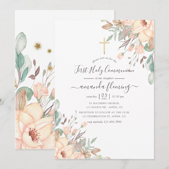 Blush Pink Floral Girl First Holy Communion Invitation (Front/Back)