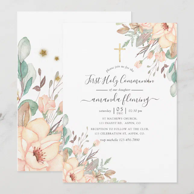 Blush Pink Floral Girl First Holy Communion Invitation | Zazzle